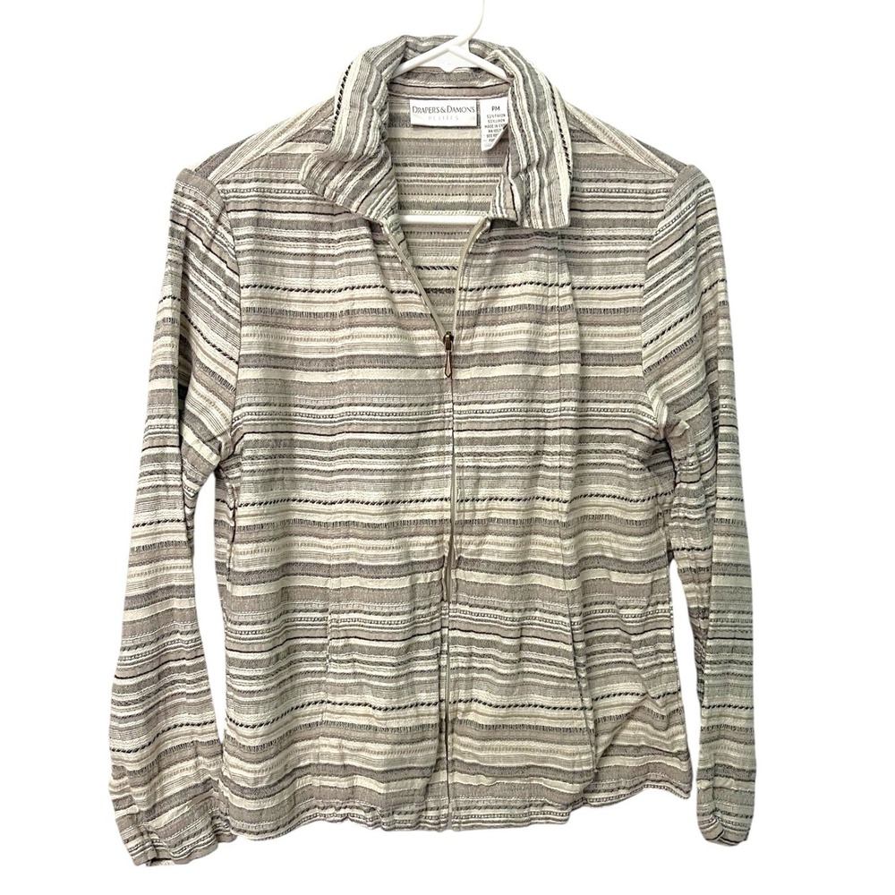 Drapers & Damons PM Tan Striped Zip Up Jacket Collared‎ Coastal Grandma M51536